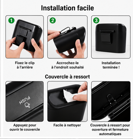 ✨️Poubelle de voiture avec couvercle, 4 rouleaux de sacs inclus. Étanche, portable et facile à suspendre