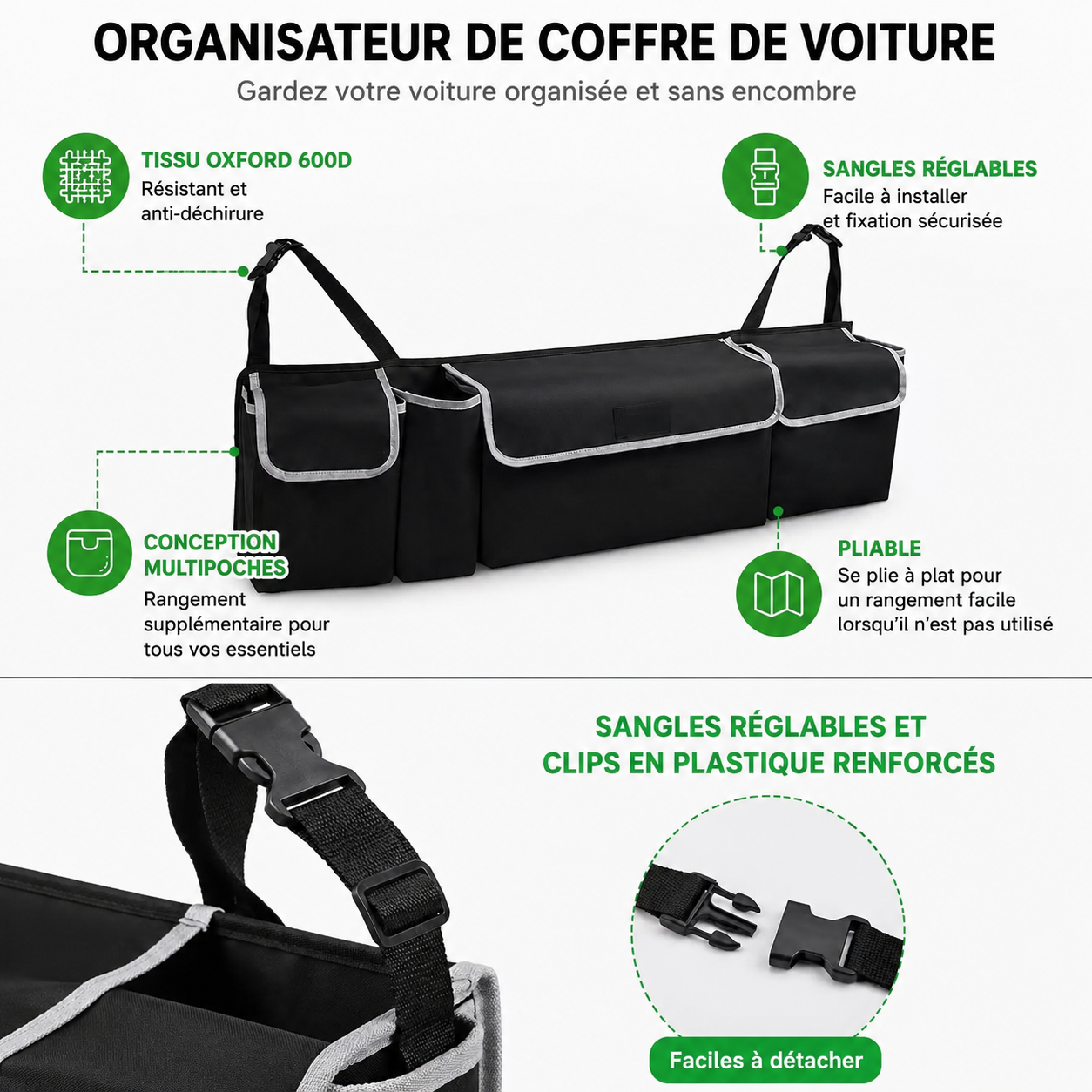✨️Organisateur de coffre en tissu Oxford – Sac de rangement suspendu pour siège arrière