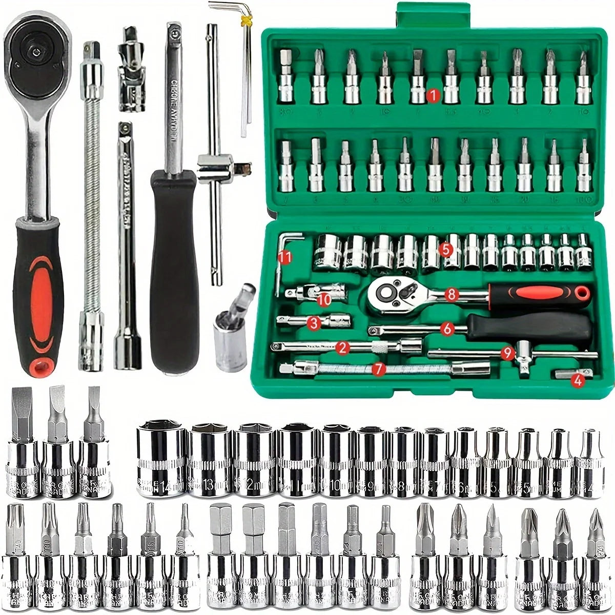 ✨️Kit de Réparation Automobile Professionnel – Coffret à Outils Vert 46 Pièces avec Clé à Cliquet – Ensemble d'Outils Essentiel pour l'Entretien et la Réparation Automobile