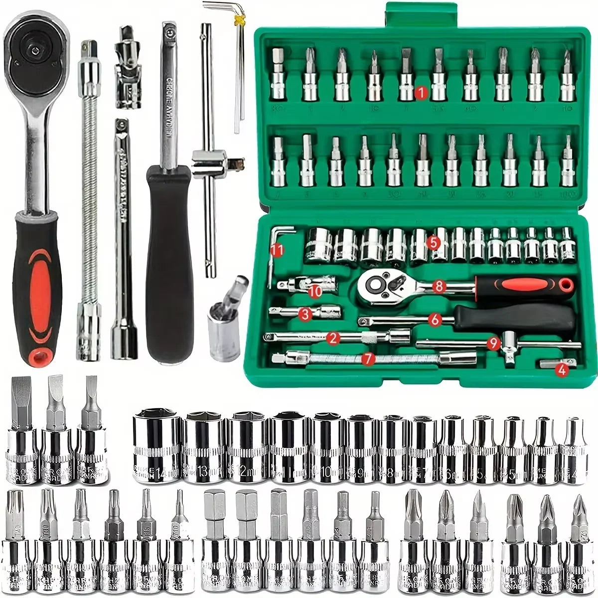 ✨️Kit de Réparation Automobile Professionnel – Coffret à Outils Vert 46 Pièces avec Clé à Cliquet – Ensemble d'Outils Essentiel pour l'Entretien et la Réparation Automobile