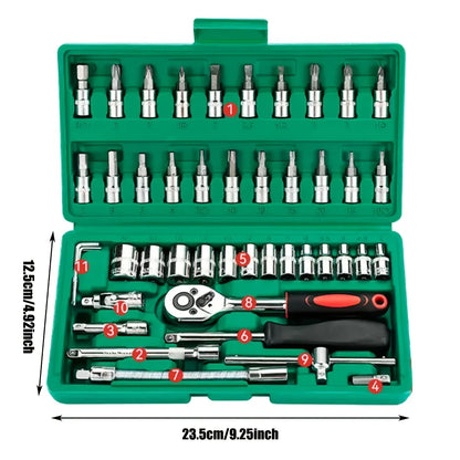 ✨️Kit de Réparation Automobile Professionnel – Coffret à Outils Vert 46 Pièces avec Clé à Cliquet – Ensemble d'Outils Essentiel pour l'Entretien et la Réparation Automobile