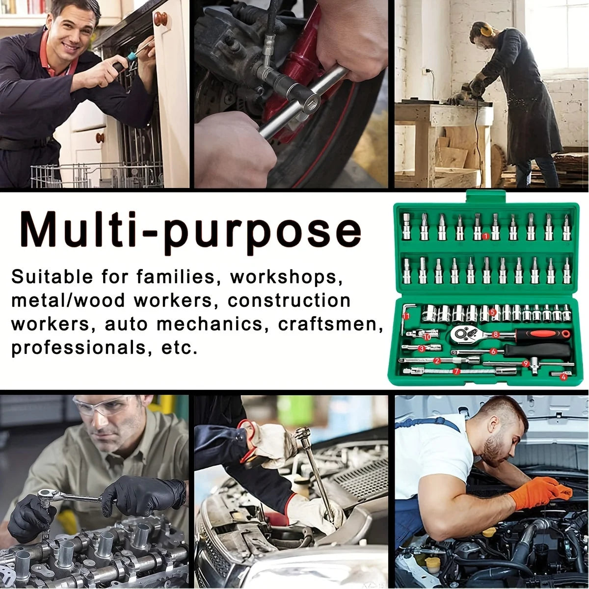 ✨️Kit de Réparation Automobile Professionnel – Coffret à Outils Vert 46 Pièces avec Clé à Cliquet – Ensemble d'Outils Essentiel pour l'Entretien et la Réparation Automobile