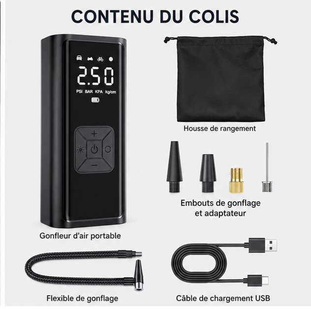 ✨️YIJU – Gonfleur Électrique Sans Fil Premium 150 PSI pour Voiture, Moto, Vélo et Trottinette