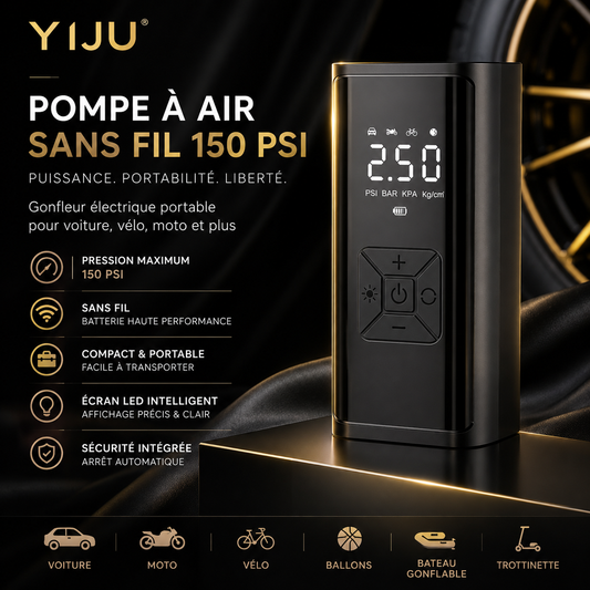 ✨️YIJU – Gonfleur Électrique Sans Fil Premium 150 PSI pour Voiture, Moto, Vélo et Trottinette