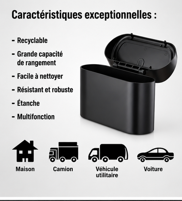 ✨️Poubelle de voiture avec couvercle, 4 rouleaux de sacs inclus. Étanche, portable et facile à suspendre